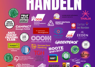 Grafik mit Farbverlauf von lila zu orange im Hintergrund. Oben in weißer Schrift der Text "Zeit zum Handeln“. Unten in gelber Schrift der Text "12.09. - 14 Uhr - Jungfernstieg". In der Mitte dutzende Logos von Organisationen, die im Bündnis sind. Von oben nach unten, links nach rechts: Fridays for Future Hamburg, PRÜF Hamburg, DGB Hamburg, Ernst Deutsch Theater, Hamburger Bündnis gegen Rechts, Caritas im Norden, Thalia Theater, Omas gegen Rechts, Campact, KZ-Gedenkstätte Neuengamme, Sea-Eye Hamburg, DGB Jugend, EEDEN, Antifascist Creators Club, Eltern gegen Rechts Hamburg, Chaos Computer Club Hamburg, Greenpeace, Eltern gegen Rechts Norderstedt, SOS Humanity Freiwilligengruppe Hamburg, Scientists for Future Hamburg, GermanZero Hamburg, Boote gegen Rechts, Parents for Future Hamburg, ahoy radio, Students for Future Hamburg, Bundesjugendballett John Neumeier, Türkische Gemeinde Hamburg und Umgebung, Dialoghaus Hamburg, Churches for Future Hamburg, the School for Moral Ambition Hamburg, Dolmetschen gegen Rechts Hamburg, Deutsches Schauspielhaus Hamburg, Goldeimer, Perspektiven, AktiKo - Hamburg Transformieren, GKB Migrantinnenbund Hamburg, DIDF, Christians for Future Hamburg, Ver0.0, Kneipenchor Hamburg, nice-icea-club, KultuRissen, VVN-BdA Hamburg, Centralkomitee, Internationaler Jugendverband Hamburg, Hansemädchen